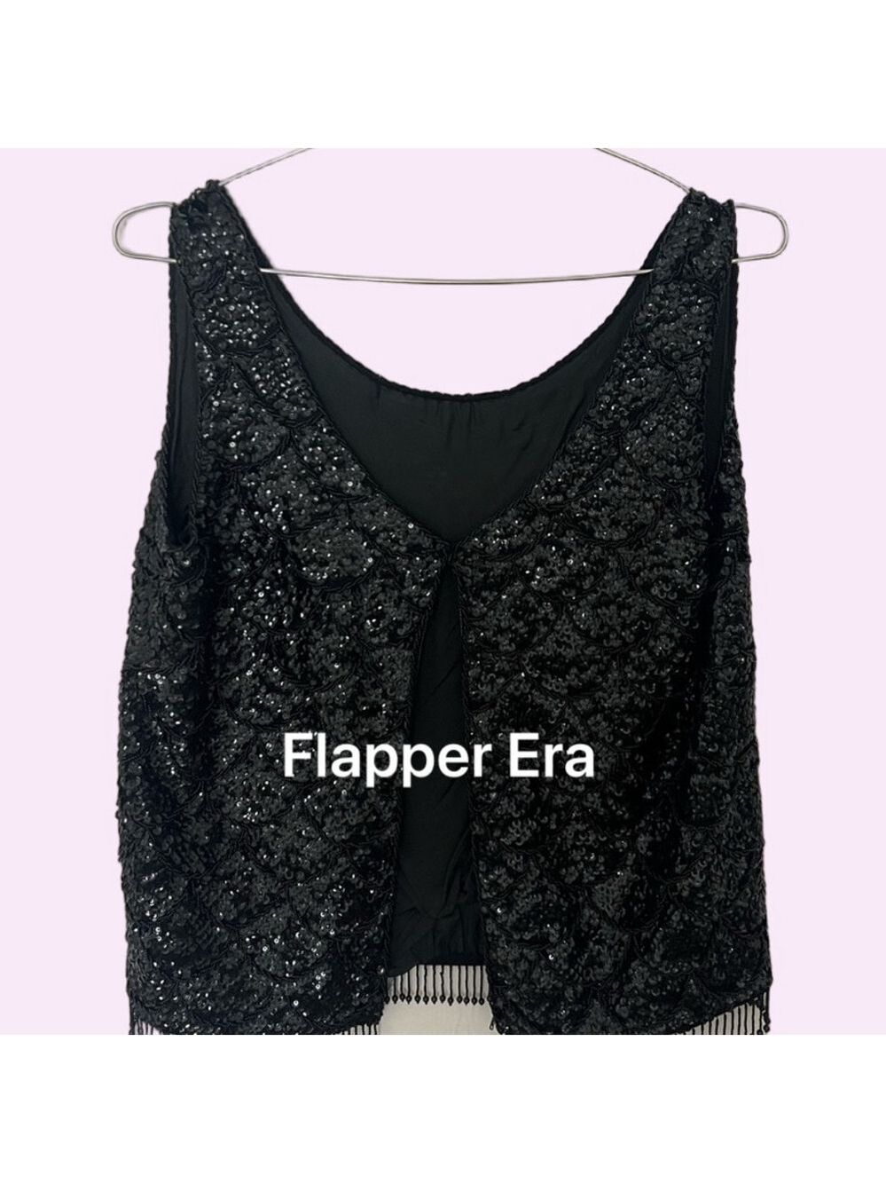 Vintage Flapper-Inspired Black Sequin Top with Fringe